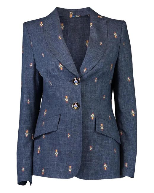 Maison Common Blue Floral-Embroidery Denim Blazer