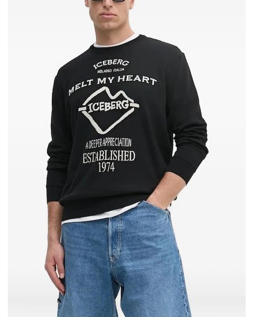 Felpa Girocollo Con Logo di Iceberg in Black da Uomo