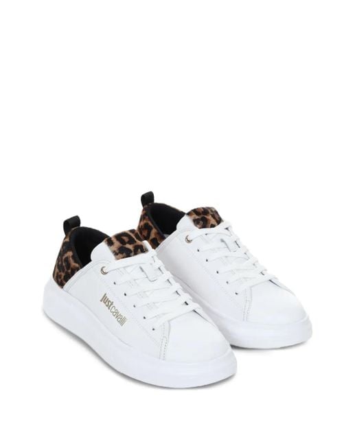 Just Cavalli White Leopard-Print Panel Sneakers