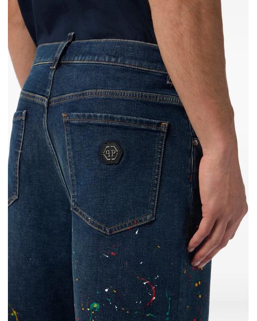 Philipp Plein Blue Paint-Splatter-Effect Denim Shorts for men