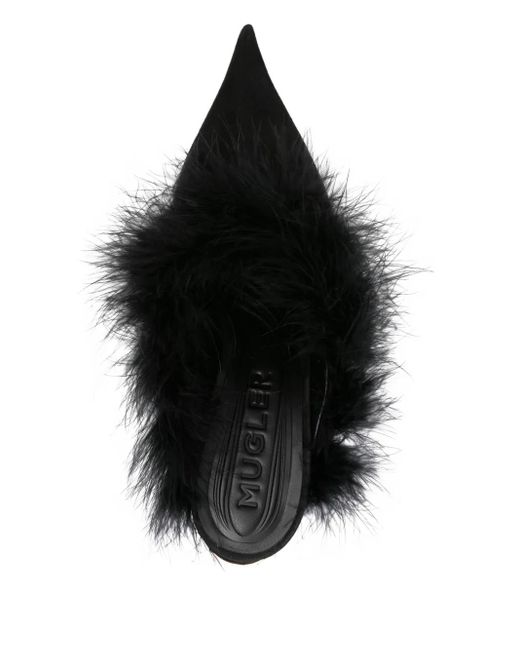 Mugler Black 110Mm Feather-Trim Pointed-Toe Mules