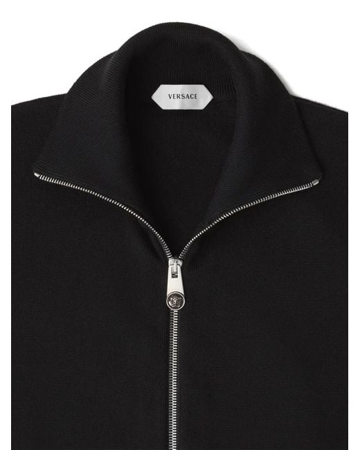 Versace Black Embroidered-Logo Cotton-Knit Zip Cardigan for men