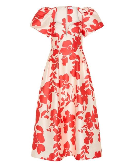 Rebecca Vallance Red Mayari Midi Puff-Sleeve Floral Dress