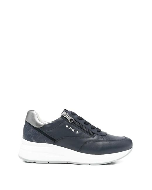Nero Giardini Blue Zip-Detail Leather Sneakers