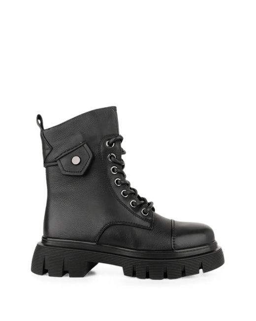 Linda Baumann Black Lace-Up Lug-Sole Ankle Boots