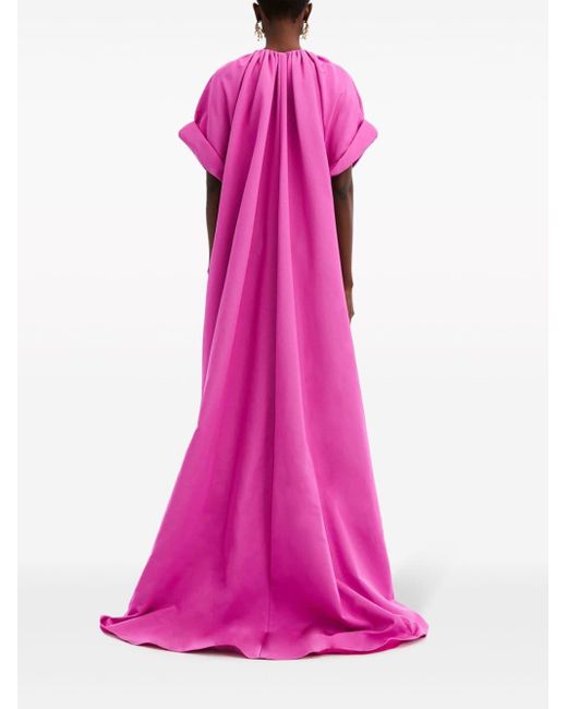 Oscar de la Renta Pink Floral-button Faille Kaftan Maxi Dress