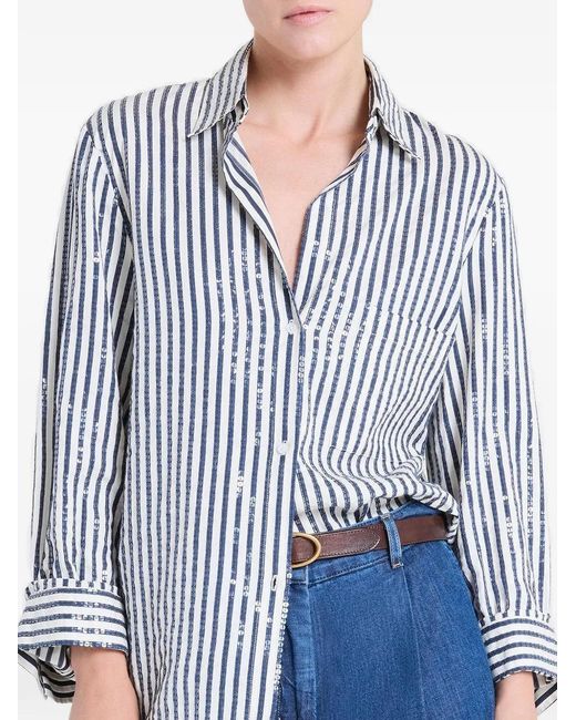 Twp Blue Striped-Pattern Sequin-Embellishment Shirt