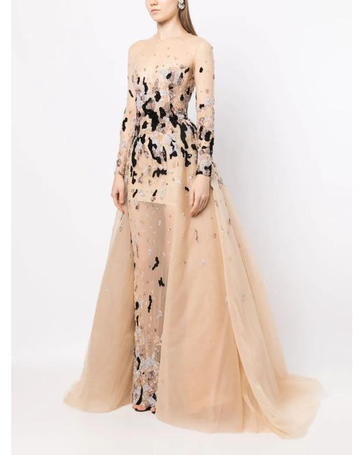 Saiid Kobeisy Natural Bead-Embellished Tulle Gown