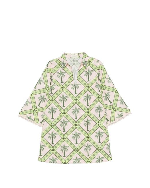 VERANDAH White Palm-Print Bell-Sleeve Mini Dress