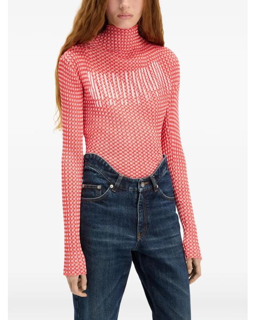 Jean Paul Gaultier Red Gingham-Pattern Asymmetric-Collar Top