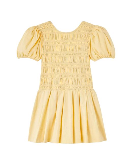 Ganni Natural Shirred-Effect Puff-Sleeve Mini Dress