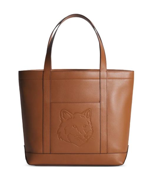 Maison Kitsuné Medium Fox Head Leren Shopper Met Reliëf in het Brown