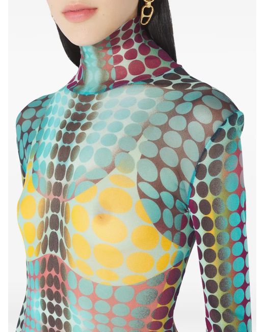 Jean Paul Gaultier Blue High Neck Multicolored Polka Dot Maxi Dress