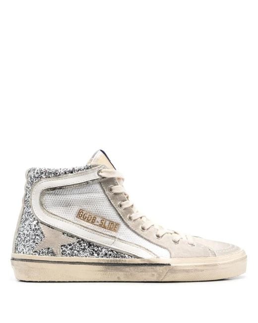 Golden Goose Deluxe Brand White Slide Sneakers With Upper In Laminated Leather And Silver Glitter