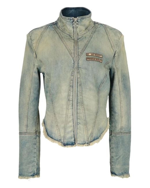 Off-White c/o Virgil Abloh Green Logo-Detail Frayed Denim Jacket