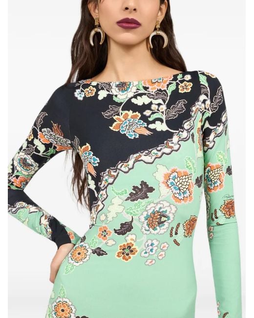 Roberto Cavalli Green Floral-Print Long-Sleeve Maxi Dress