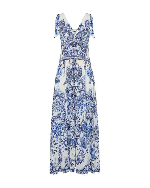 Camilla Blue Graphic-print Flared Dress