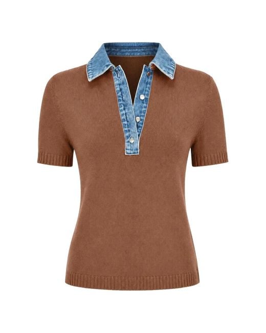 SER.O.YA Brown Erika Denim-Collar Polo Top