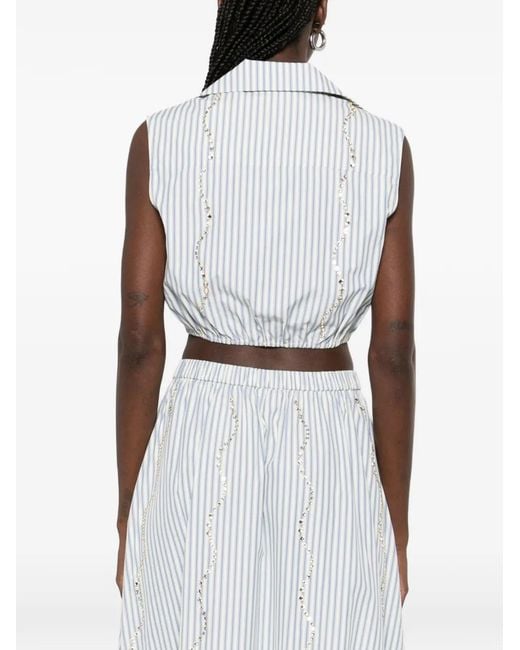 Sandro White Cropped Striped Rhinestone Shirt