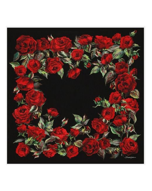 Dolce & Gabbana Red Silk Rose Print Square Scarf