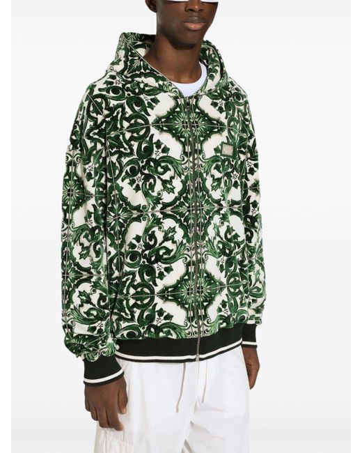 Dolce Gabbana Majolica Print Zip Up Hoodie in Green for Men Lyst UK