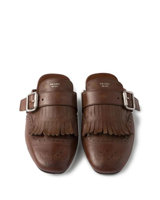 Prada Brown Leather Fringed Shuffle Mules