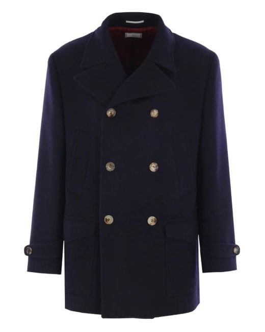 Brunello Cucinelli Wollen Jas Met Dubbele Rij Knopen in het Blue voor heren