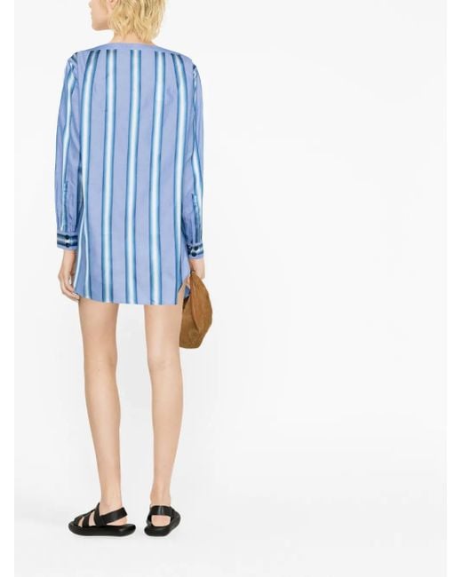 Etro Blue Off-the-shoulder Embroidered Striped Cotton And Silk-blend Mini Shirt Dress
