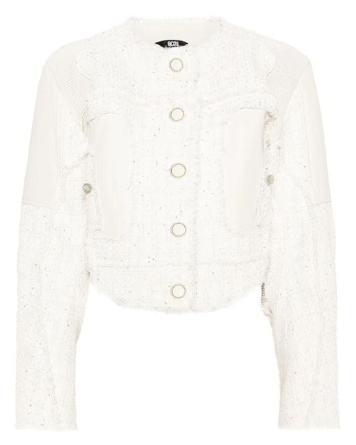 Gcds White Leather-Panel Tweed Jacket