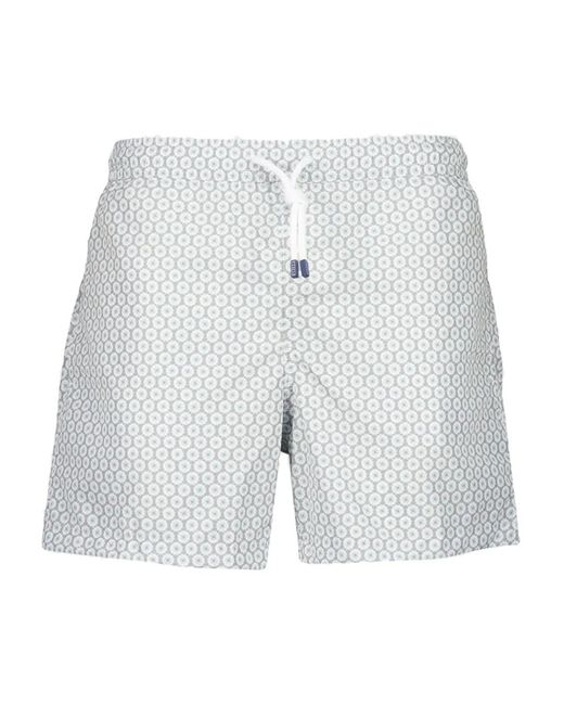 Fedeli Blue Geometric-Print Swim Shorts for men