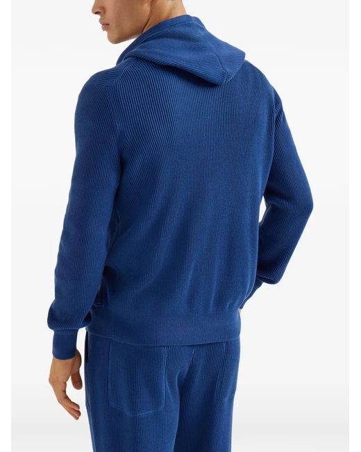 Brunello Cucinelli Blue Ribbed-Knit Hoodie for men