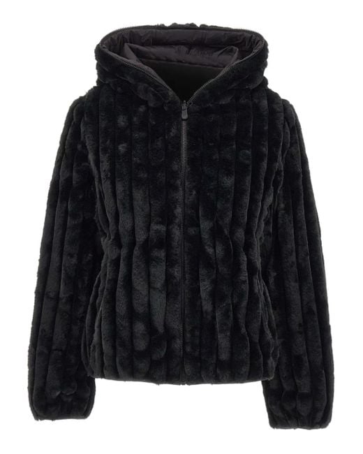 Save The Duck Black Ribbed Faux-Fur Hooded Jacket