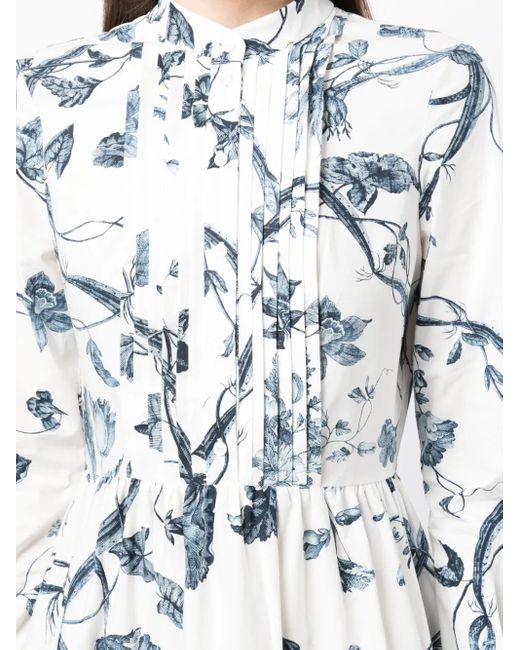 Erdem White Floral Print Long Sleeve Tiered Cotton Dress