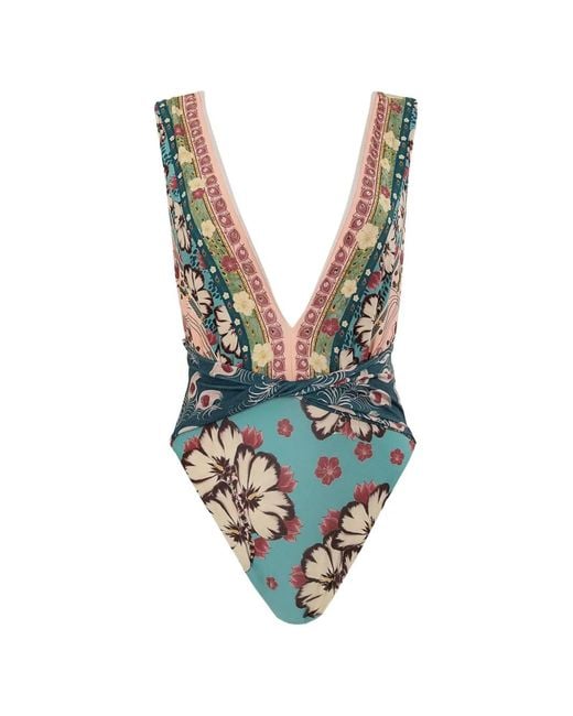 Agua Bendita Blue Ellis Floral-Print Plunge Swimsuit