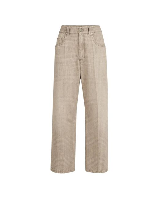 Brunello Cucinelli Natural Prince Of Wales Denim Contemporary Square Trousers With Monili