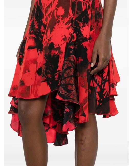 McQueen Red Floral-Print Asymmetric-Hem Dress