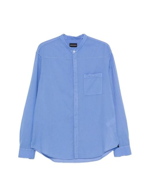 Emporio Armani Blue Mandarin-Collar Chest-Pocket Shirt for men