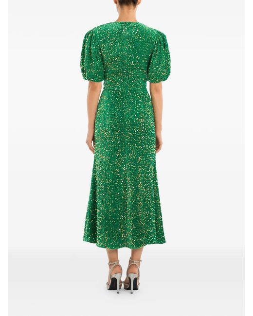 POST MERIDIEM Green Sequin-Embellished Puff-Sleeve Midi Dress
