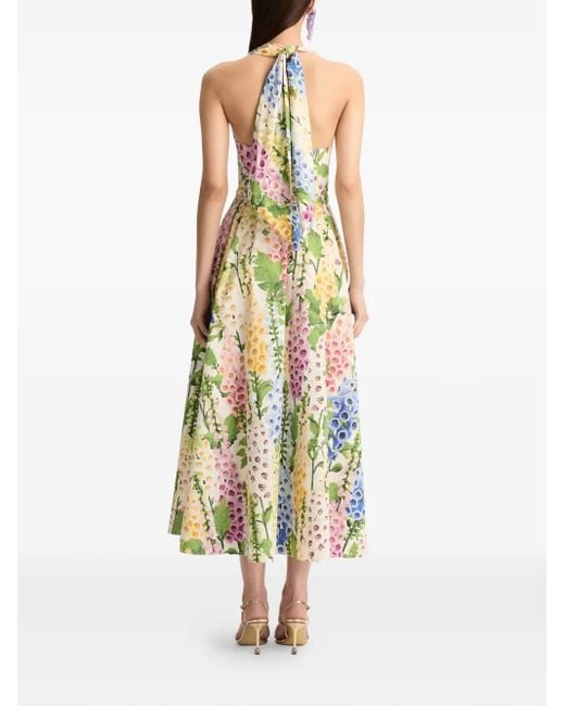 Oscar de la Renta White Floral Pattern Midi Dress