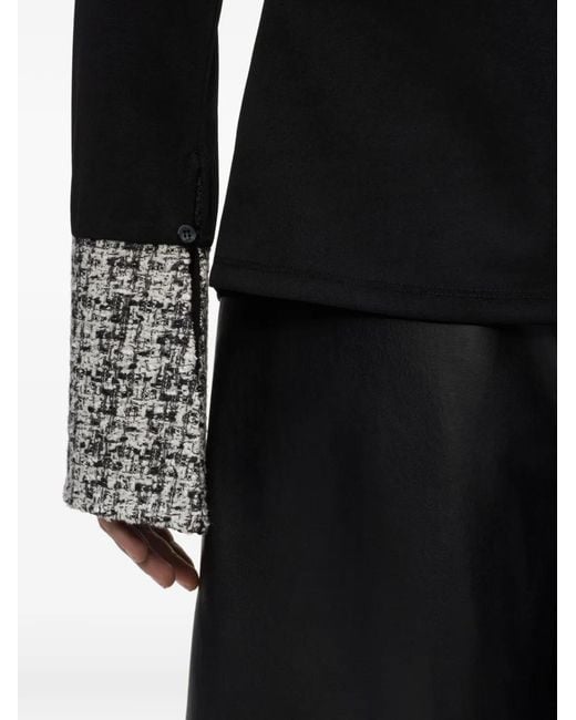 Karl Lagerfeld Black Bouclé-Trim Long-Sleeve Polo Shirt
