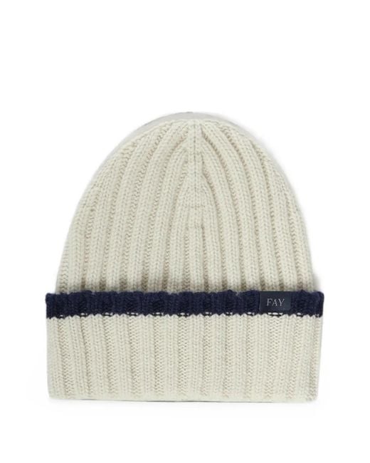 Fay White Ribbed-Knit Stripe Beanie Hat for men