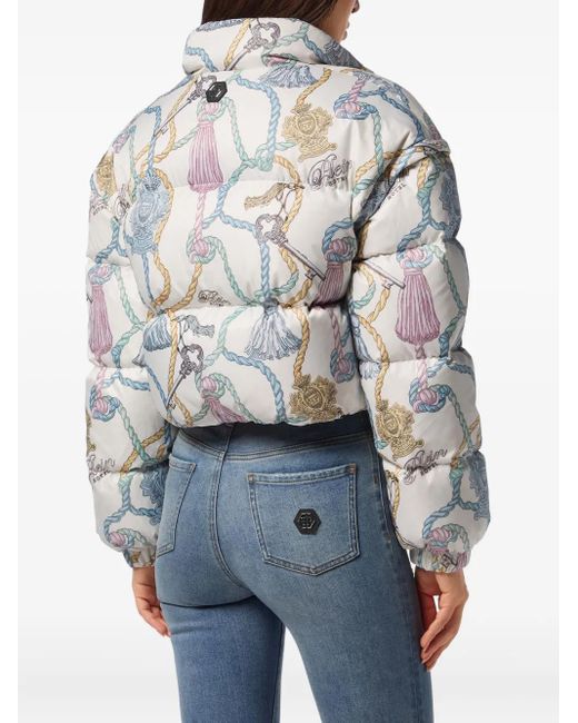 Philipp Plein White Tassel-Key Print Puffer Jacket