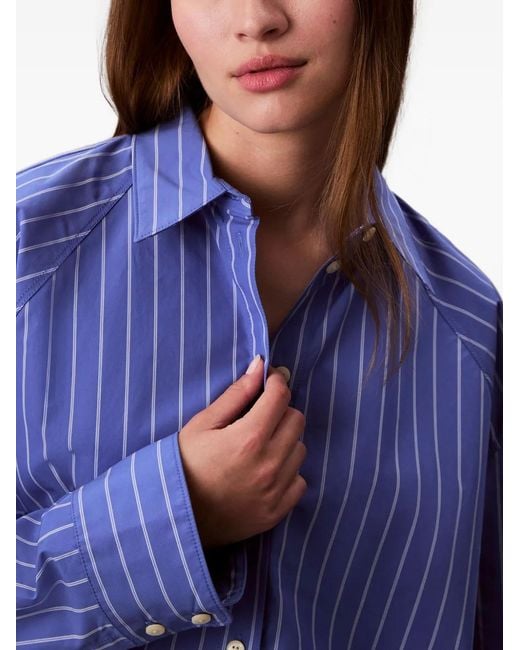 Calvin Klein Blue Stripe Cropped Boxy Button-Up Shirt