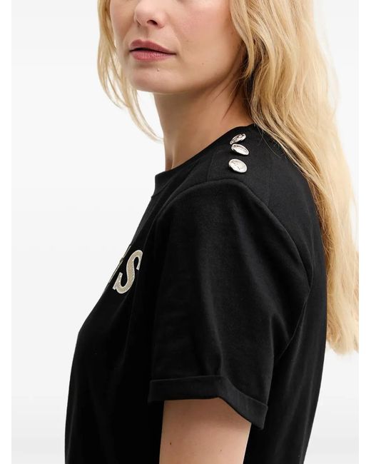 Guess Black Button-Detail Logo-Print T-Shirt