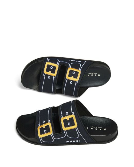 Marni Black Embroidered Slip-on Slides for men