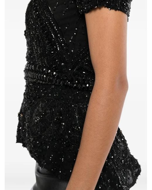 Naeem Khan Black Bead-Embellished Peplum Top