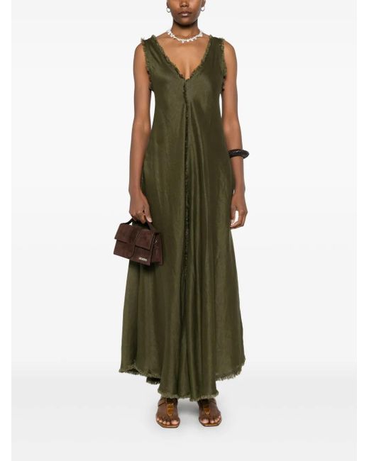 P.A.R.O.S.H. Green Fern Linen Maxi Dress With Deep V-Neck