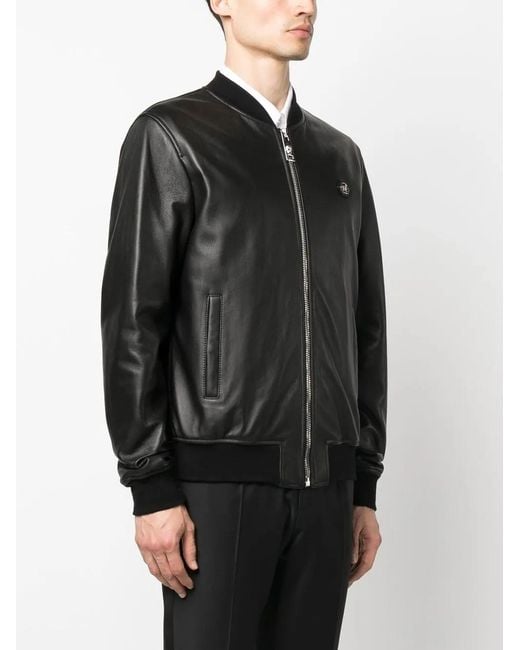 Philipp Plein Black Billy Leather Bomber Jacket for men