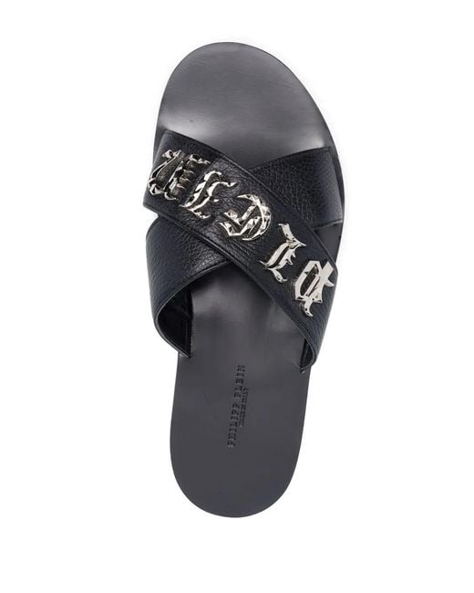 Philipp Plein Black Cross-Strap Leather Slides for men