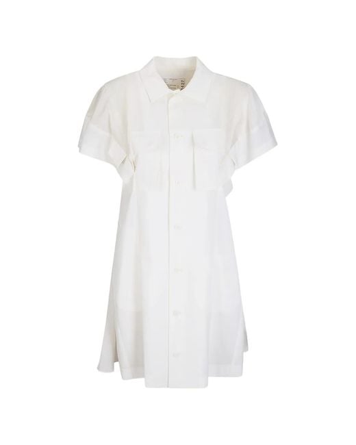 Sacai White Button Flap-Pocket Wool Midi Dress